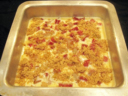 Pour rhubarb mixture over cookie crust