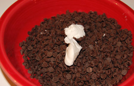 chocolate chips, shortening, bowl, microwave