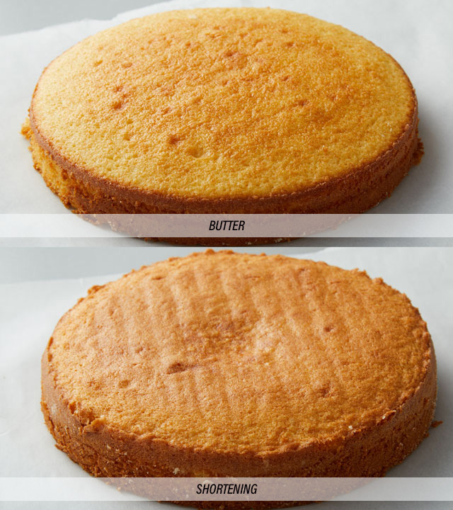 2 cake rounds, one on top contains butter so more browned than bottom example containing shortening