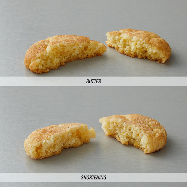 2 broken cookies, one on top contains butter so more browned than shortening one on bottom