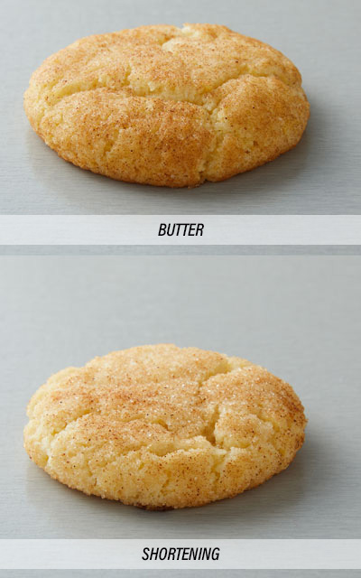 2 cookies, top cookie contains butter so more browned than shortening cookie below