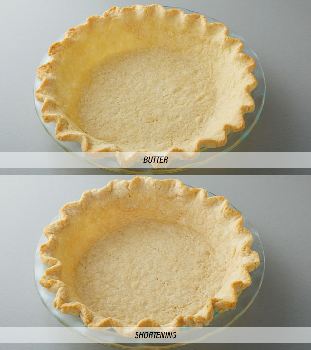 2 pie crusts, one on top contains butter so more browned than bottom example containing shortening