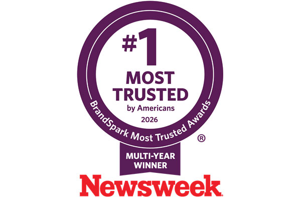 Purple ribbon boasting "#1 Most Trusted"