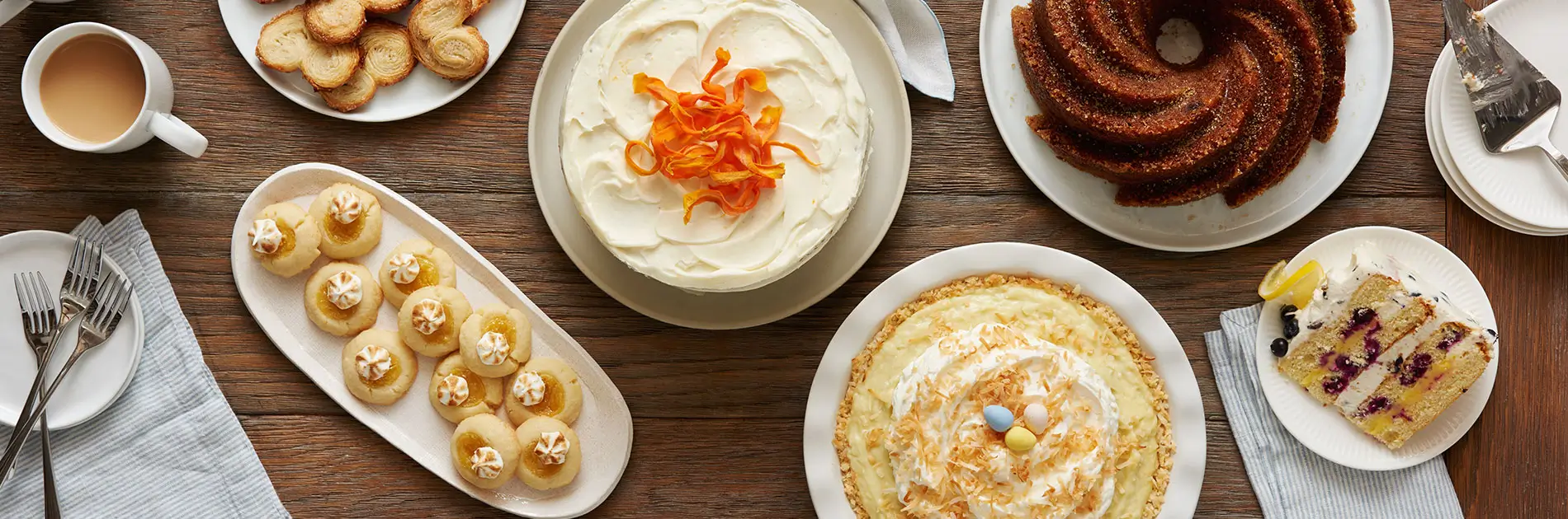 top-down view of pies, cookies and cakes