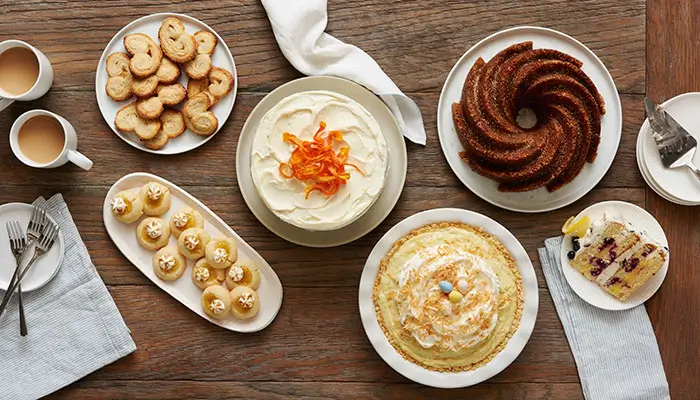 top-down view of pies, cookies and cakes