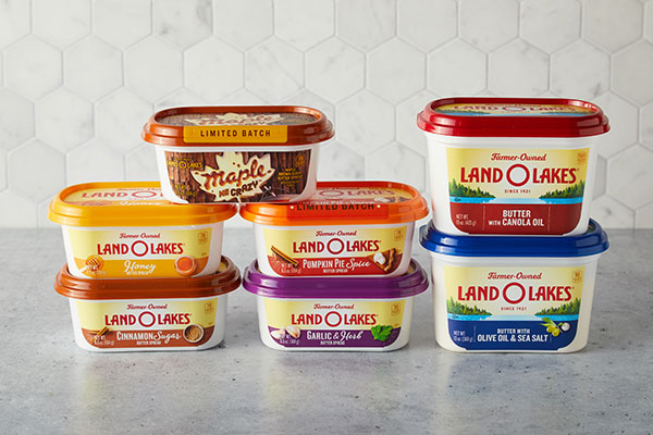 Land O Lakes tub butters stacked up on counter