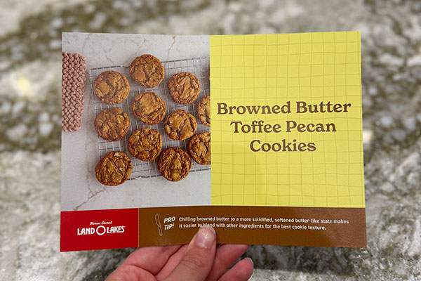 recipe card for Browned Butter Toffee Pecan Cookies