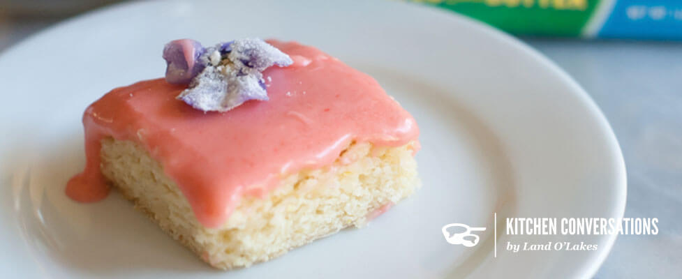Sugar Cookie Bars with Strawberry Glaze and Sugared Flowers