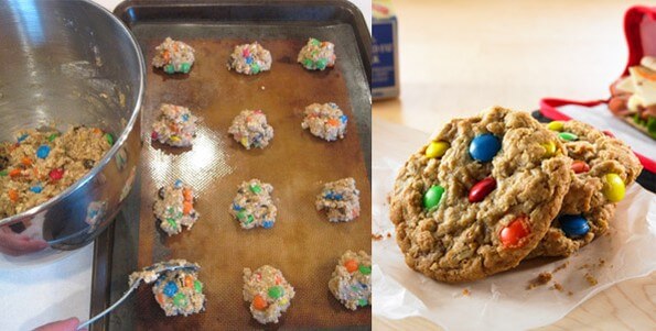 m&m cookies on baking sheet