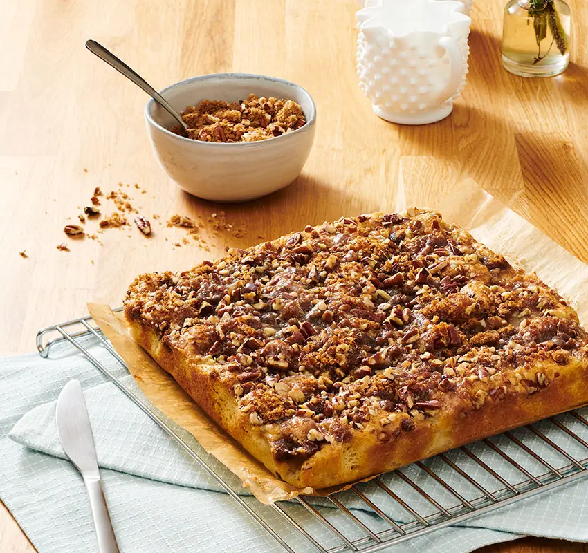 Coffee Cake Recipes: square nut-topped coffee cake on wire rack